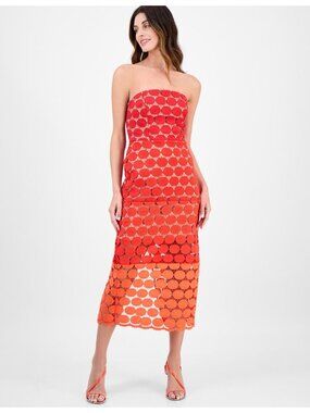 Sam Edelman Strapless Dot Lace Midi Dress Kaw Merlot Size 14 Red Circle Pattern